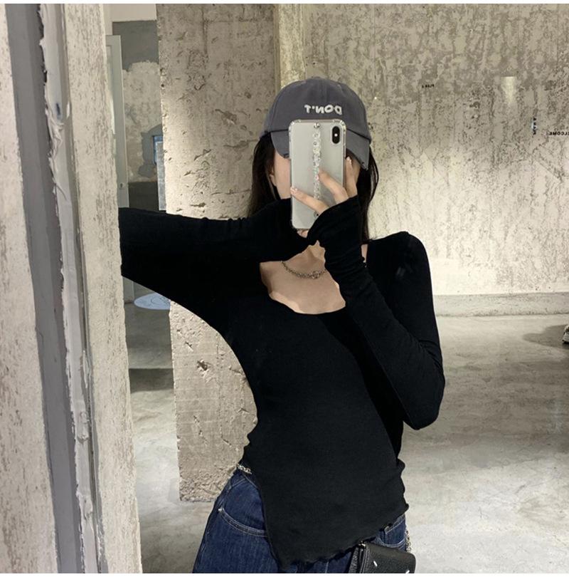 Women's Gray Long-Sleeve Tight Fit Short T-Shirt, Autumn 2025 Fashion.