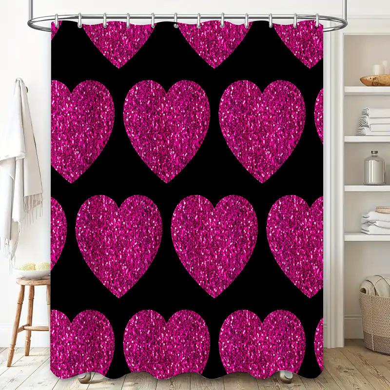 Pink Glitter Hearts Shower Curtain Romantic Decor For Bathroom Polyester Fabric 3D Printed Pattern With Hooks Size: 72X84 Inches