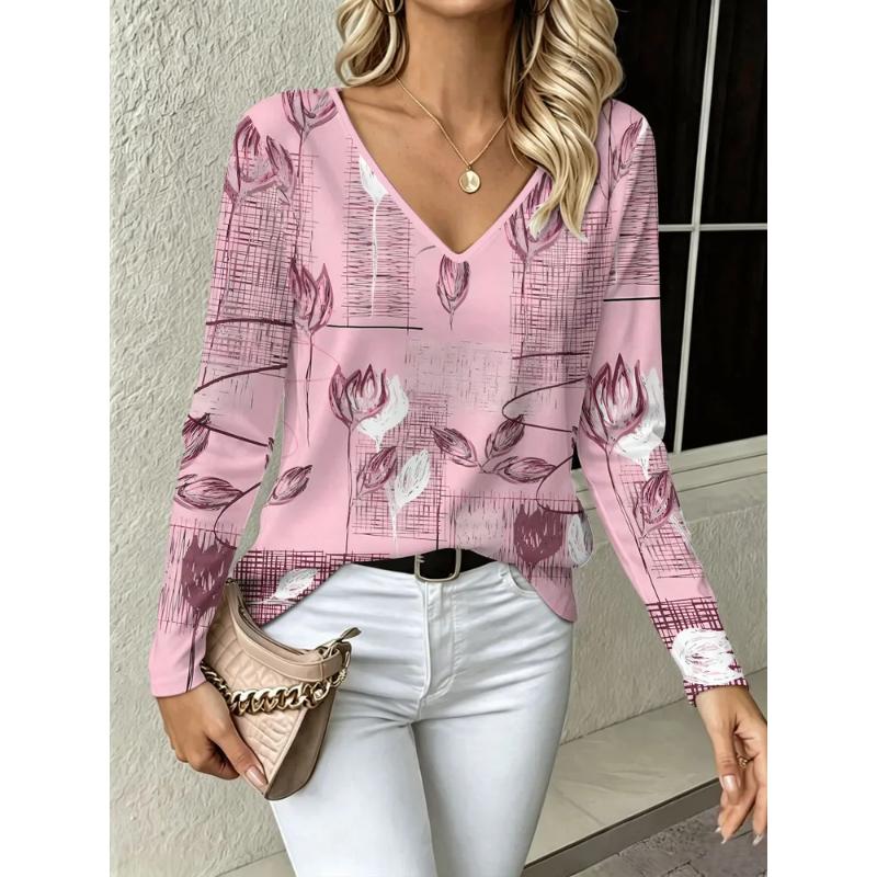 Fashion Women's V-Neck Long Sleeve 3D Floral Color Printing Casual Long Sleeve V-Neck T-Shirt