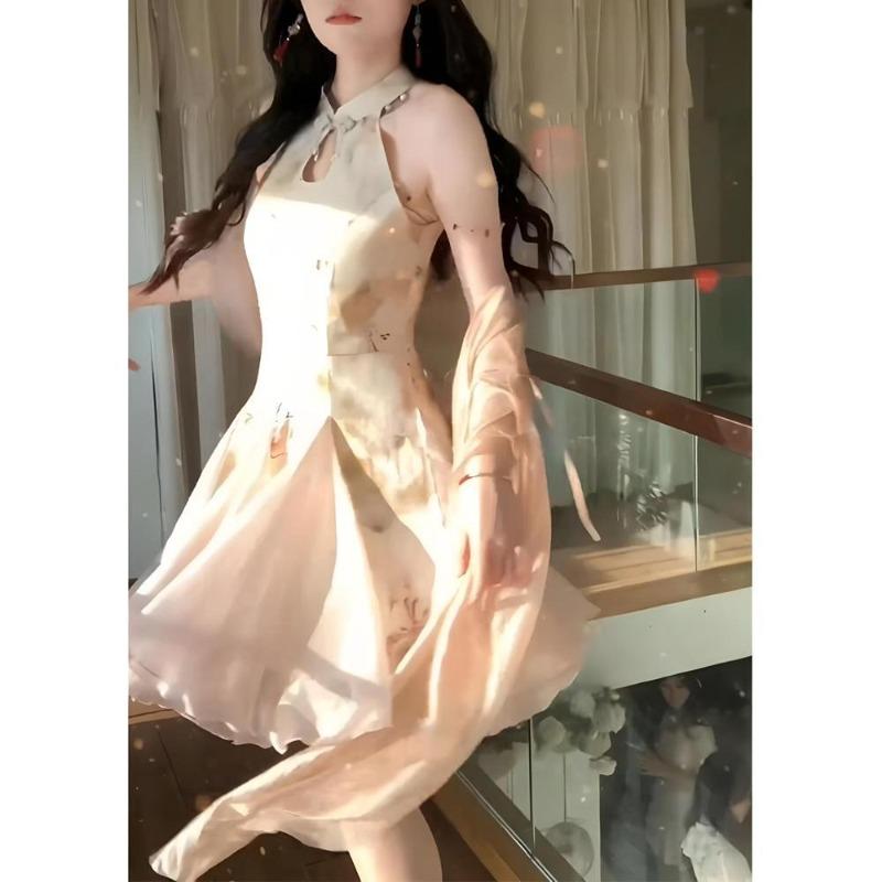 New Chinese women's clothing national style improved cheongsam sleeveless dress summer high-end temperament waist fluffy short skirt