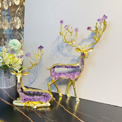 Amethyst-Statue Simulierte Tier-Skulpturen Goldener Hirsch Kristall-Hirsch Handwerkskunst Metall-Figur Heimdeko Zubehör