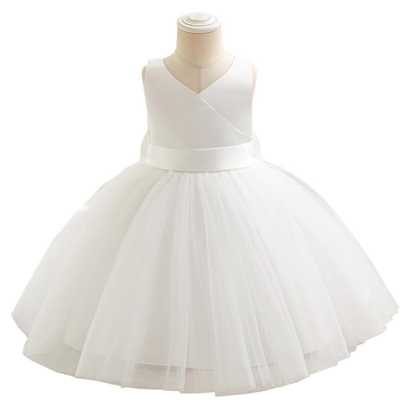 Cross-Border Baby Girl Mesh Princess Dress | V-Neck Puff Bow Design | Summer Flower Girl Wedding Attire