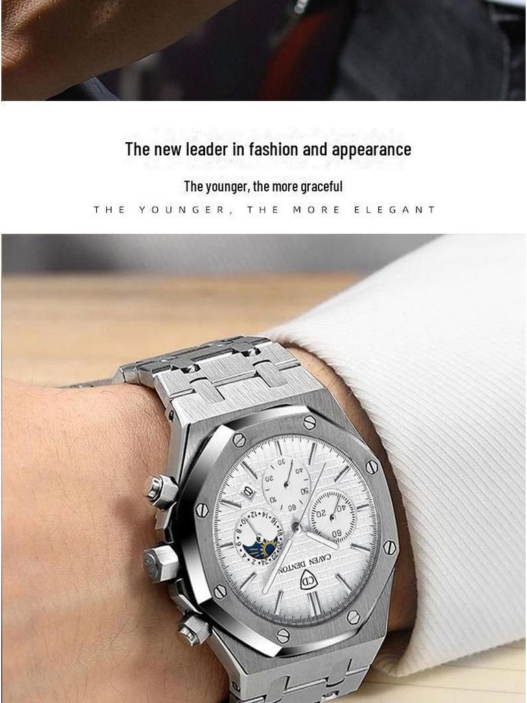High-End Waterproof Multi-Function Men's Steel Belt Watch with Moon Phase Feature