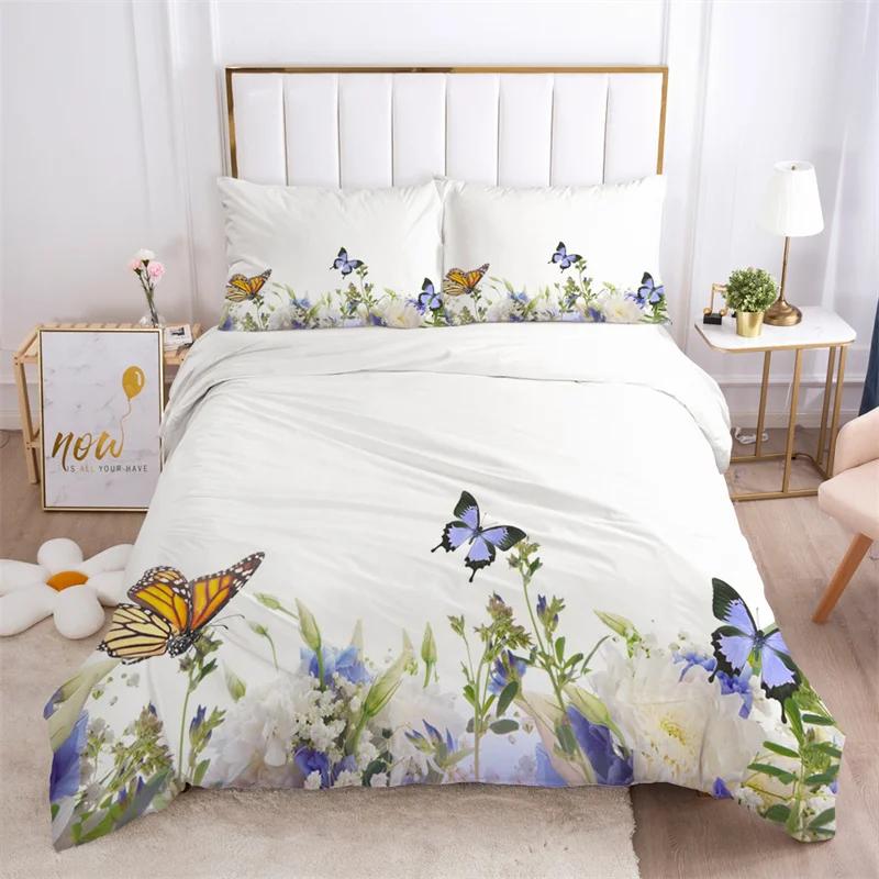Floral Leaves Bedding Set Microfiber Butterfly Duvet Cover Lotus Flowers Comforter Cover Full King For Kids Adults Bedroom Decor
