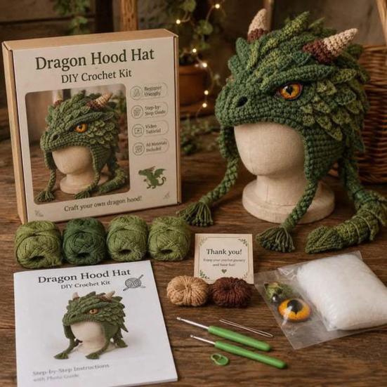 Crochet Starter Kit Fantasy Hood Kit, Cute Animal Hat DIY Dragon Unicorn Creative Gift for Crafters Skull Earflap Craft Adults, Handmade Halloween
