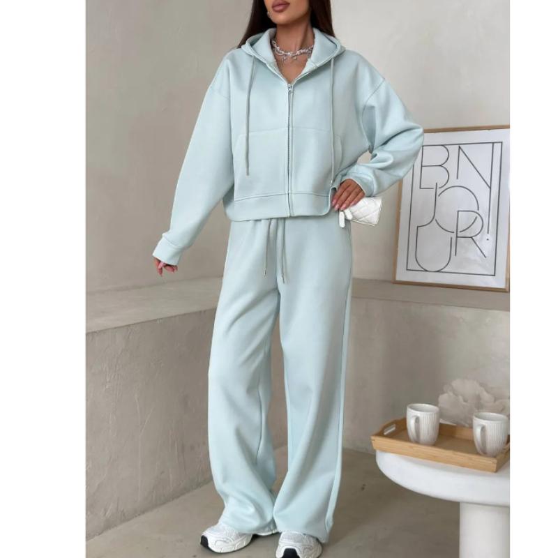 Sportswear Women's Solid Color Long Sleeve Zippered Cardigan Hooded Sweatshirt Lace-up Trousers Two-piece Set