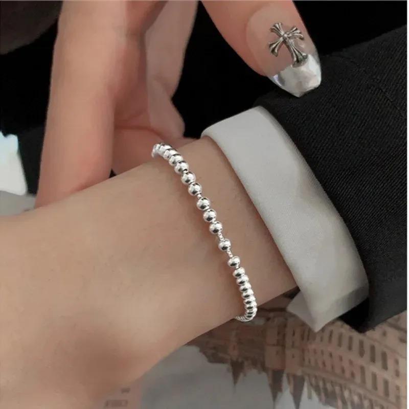 925 Silver Beads Bracelets for Women Men Adjustable Simple Design Elegant Metal Bangle Trendy Party Jewelry Gifts