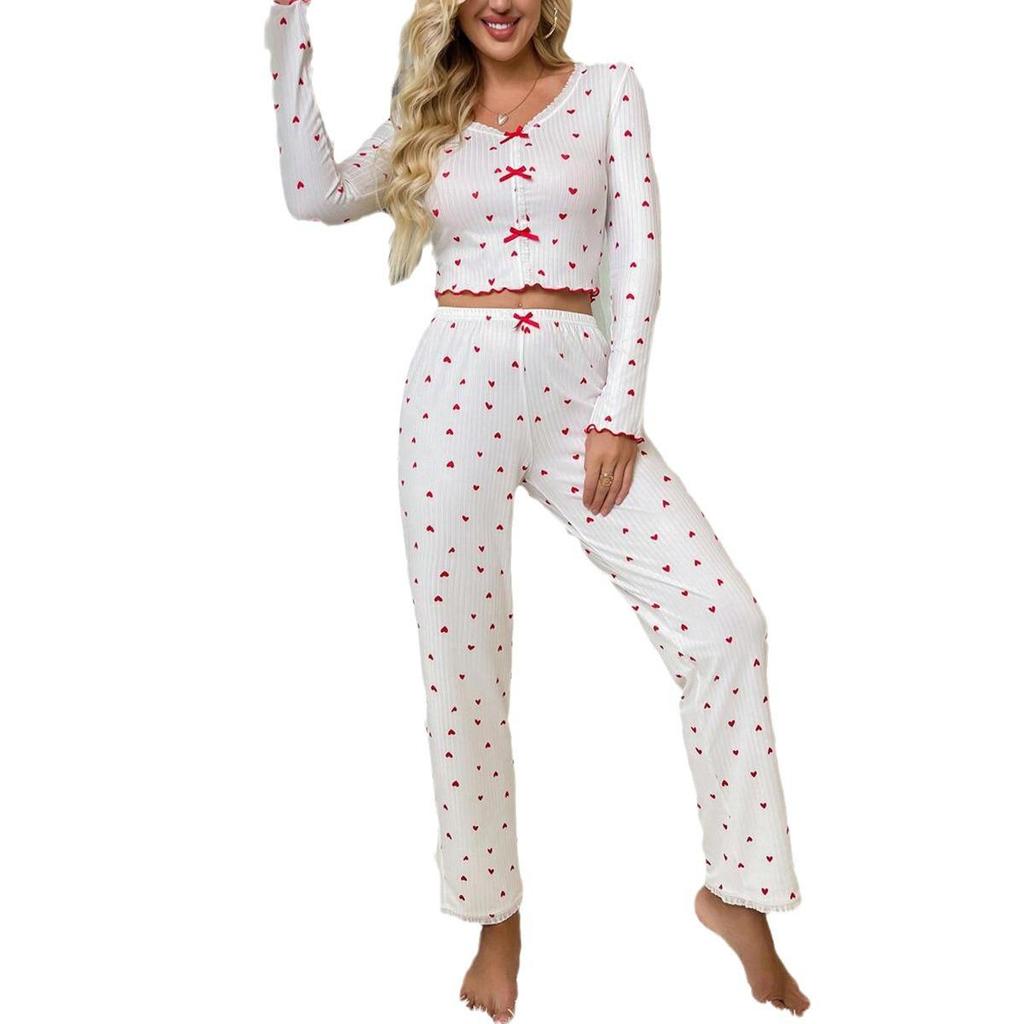 Women's Long-Sleeve V-Neck Heart Pajama Set - Wearable Outdoors