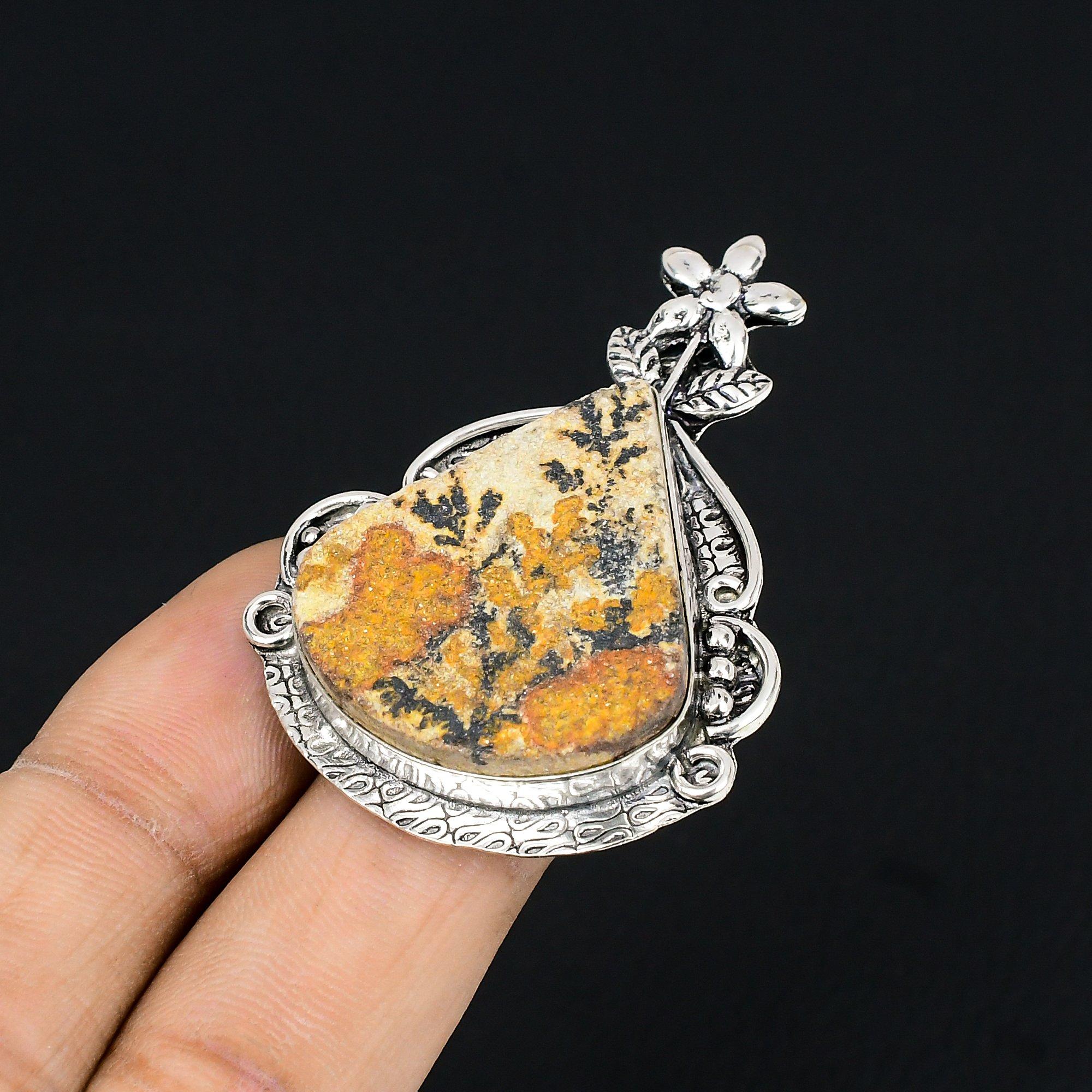 925 Silver Pear Psilomelane Dendrite Stone Stackable Flower Ring Jewelry US 7 7