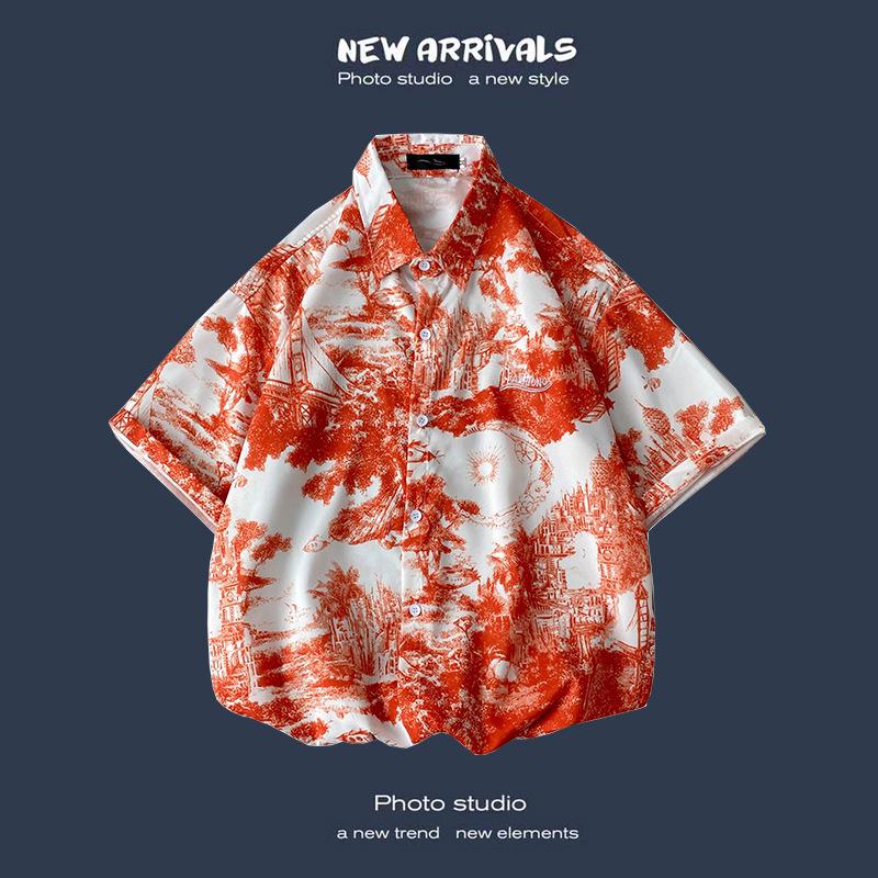 Letnia Koreańska Retro Kwiatowa Para Luźna Koszula z Krótkim Rękawem - Męski Modny Styl