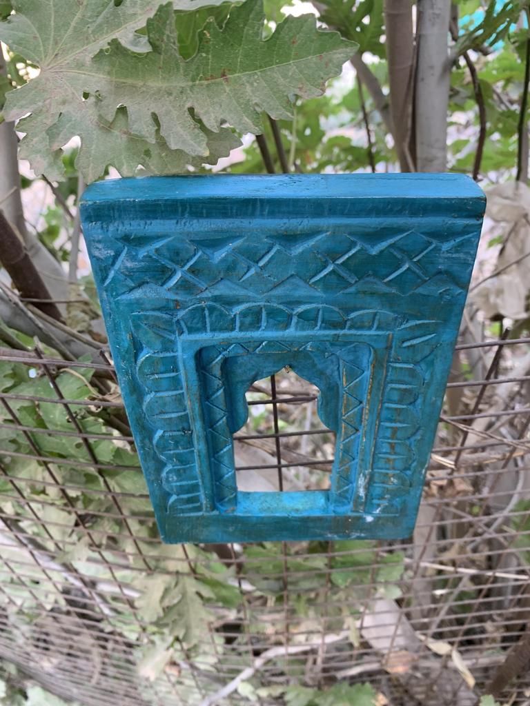 Handcrafted Wooden Wall Frame – Distressed Turquoise Jharokha – Indian Heritage Decor – Vintage Style Wall Hanging