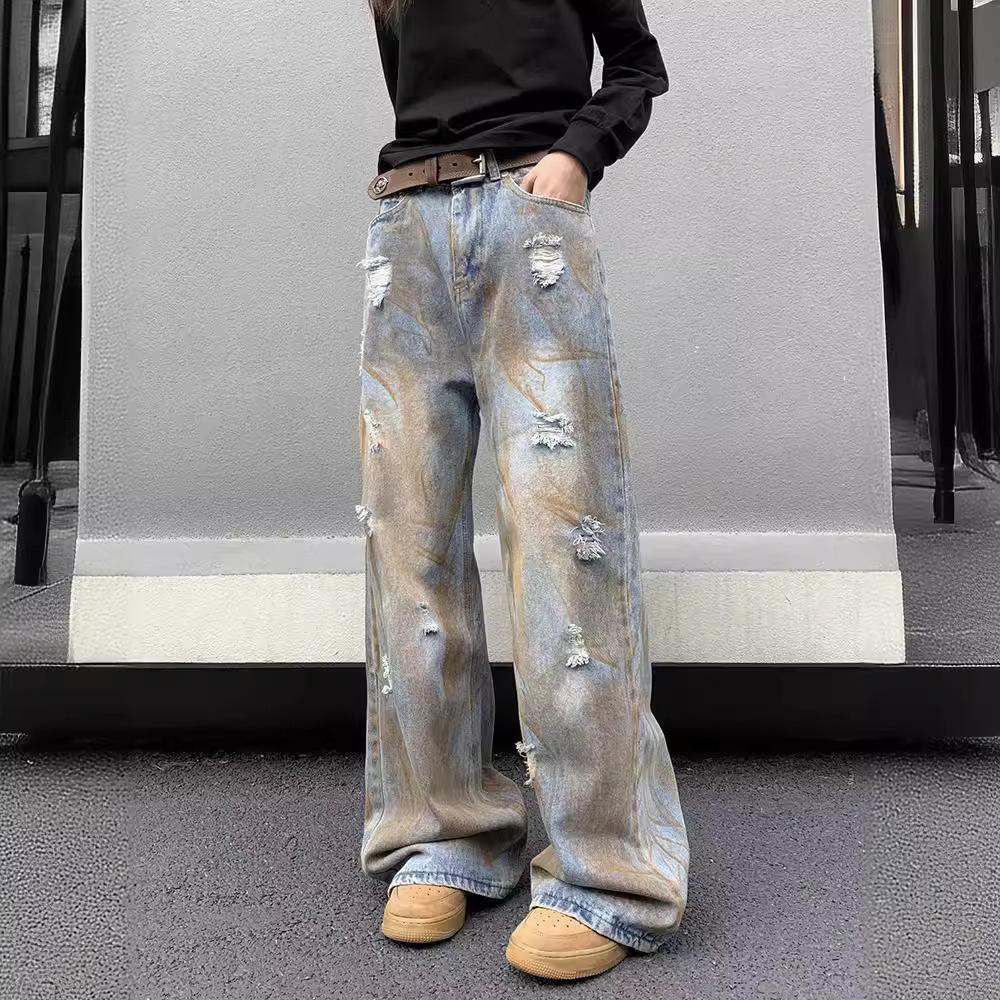 American retro grinding and old micro-horn tattered loose straight hand-painted dyed yellow mud jeans men's tie-dye