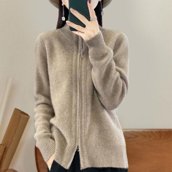 Women Knitted Sweater Coat High Collar Long Sleeve Double Zipper Placket