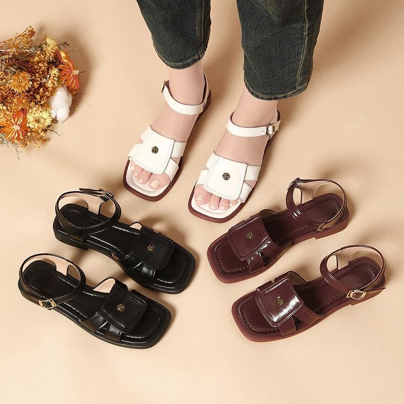 Soft leather open-toe one-word buckle with casual college style Roman sandals 2025 summer new thick heel platform sandals women