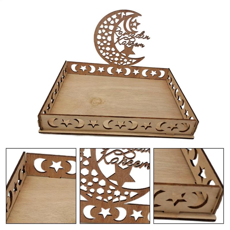 Classic Moon Star Mosque Wooden Eid Food Tray Dessert Fruit Cake Tray Table Decoration For Home Islamic Party Decor Eid Gifts