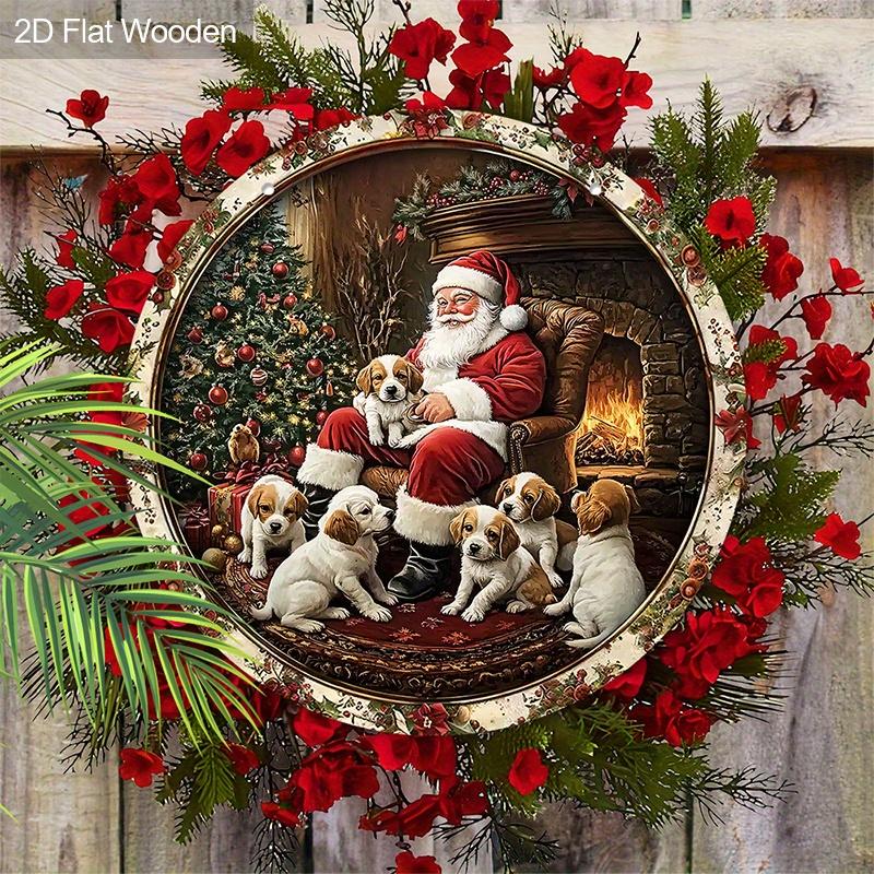 Christmas Decoration Sign,indoor Hanging decorations,2D Flat Wooden Products with The Pattern Is Santa Claus and dogs,Christmas Gifts for Family