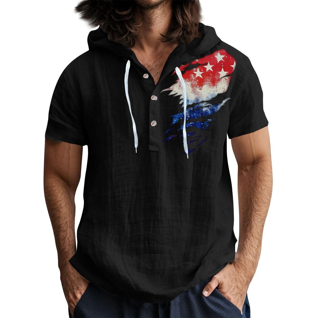 Lässiges T-Shirt mit kurzen Ärmeln und Kapuze für Herren mit Knopfleiste und offenem Hals