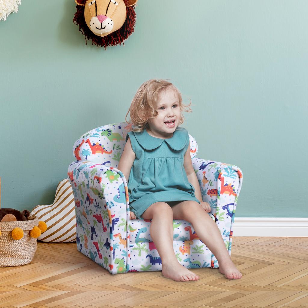 Children's Armchair Flannel Kids Sofa Tub Chair Cartoon Dinosaur Pattern Wooden Frame Bedroom Playroom Seater Multicolour