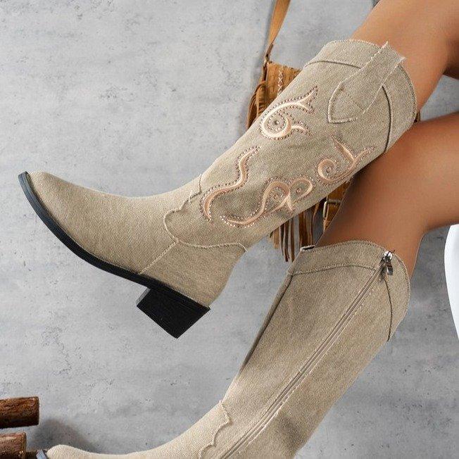 Large size high boots women's autumn and winter new thick heel long tube embroidery fashion women's boots cotton boots women