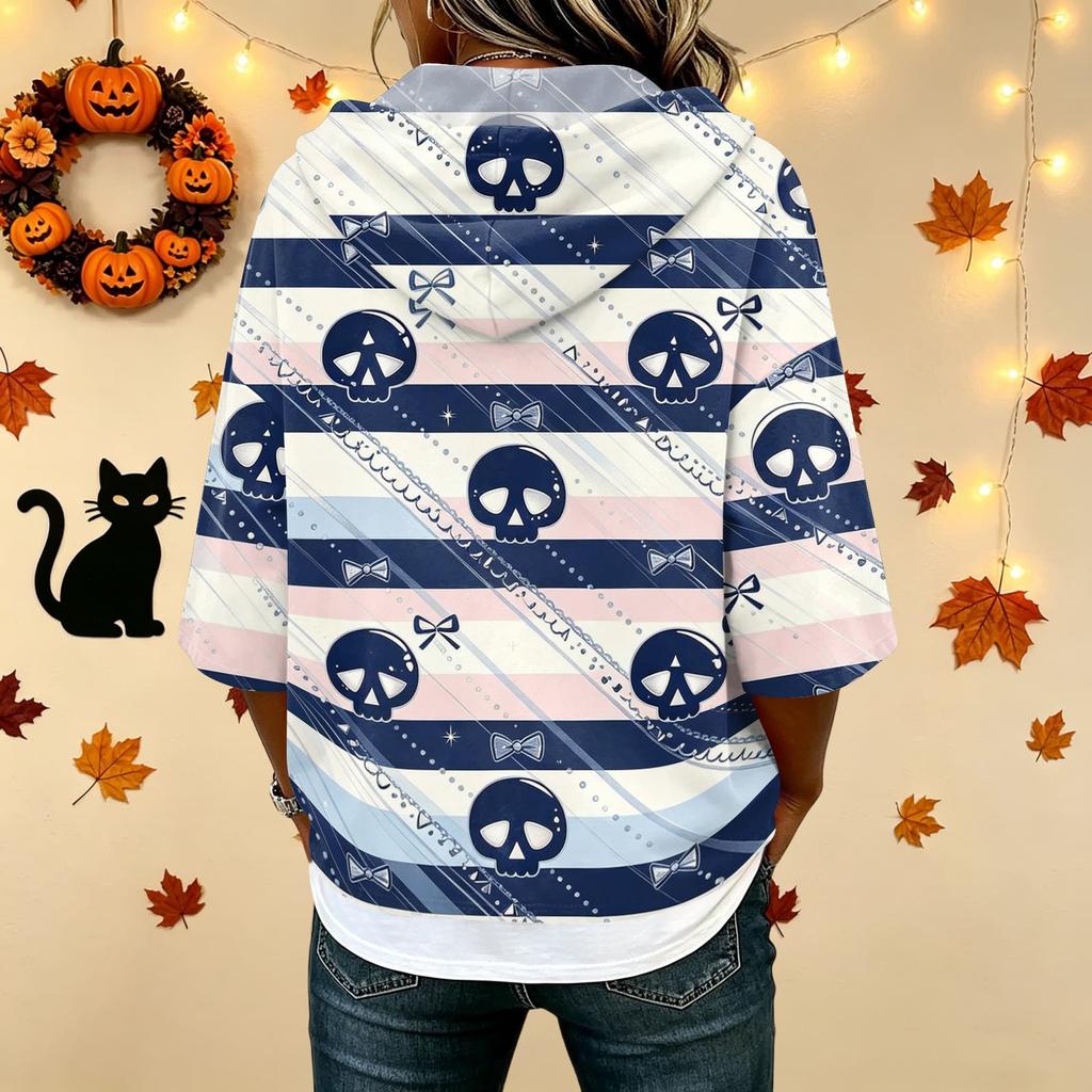 Women's Halloween Print Hooded Top, Loose Fit Casual 3/4 Sleeve Pullover Shirt