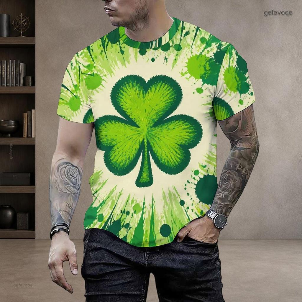 Men Plus Size Round Neck Short Sleeve Dark Green Clover Printed T Shirt