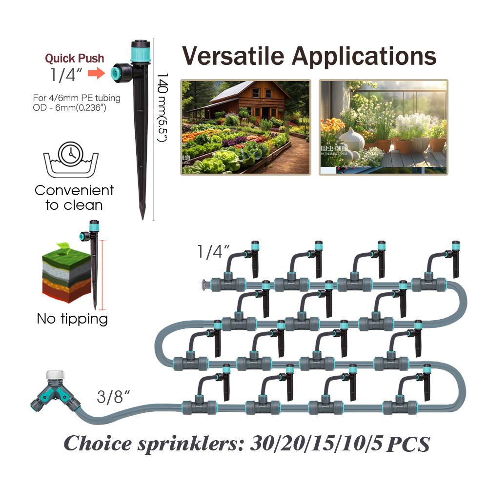 3/8" Bubbler Garden Irrigation Watering System 9/12mm PE Hose 360° Adjustable Sprinkler Tee Quick Connect Drip Watering Sprayers
