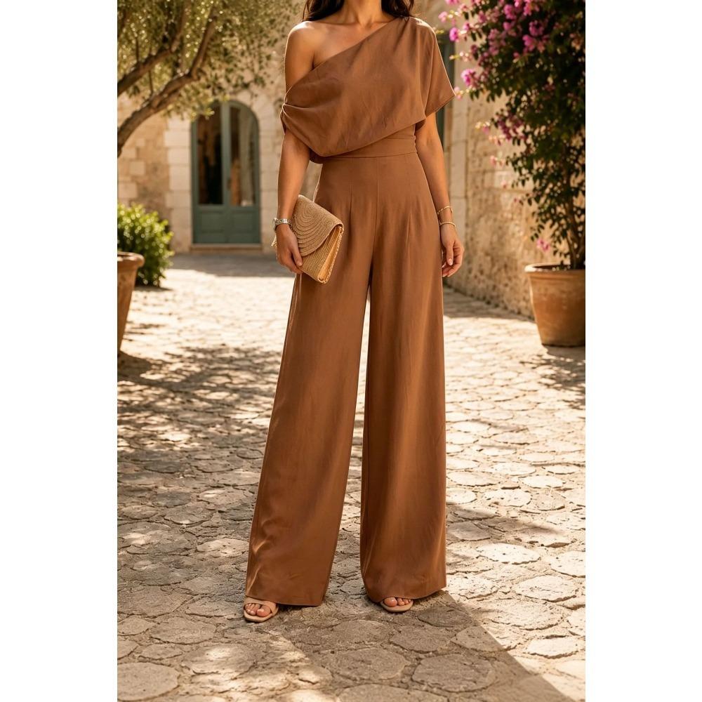 Women's One Shoulder Short Sleeve Slim Fit Casual Linen Wide Leg Jumpsuit for Summer