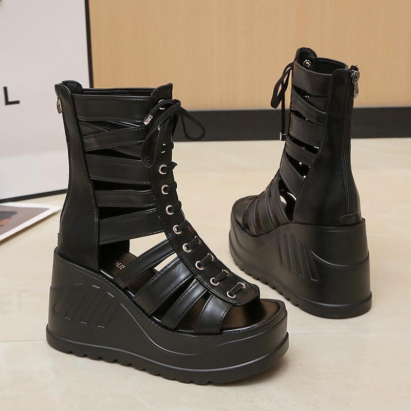 Fashion 2025 Korean Wedge Sandals Women's Summer New Fish Mouth Hollow Sandals Waterproof Platform 10cm Heightened Roman Sandals Boots