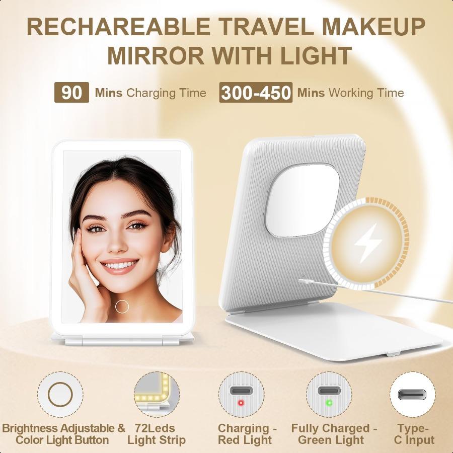 LED Foldable Travel Makeup Mirror 5x7 Inches 3 Colors Light Modes USB Rechargeable Touch Screen Portable Tabletop Cosmetic Mirr