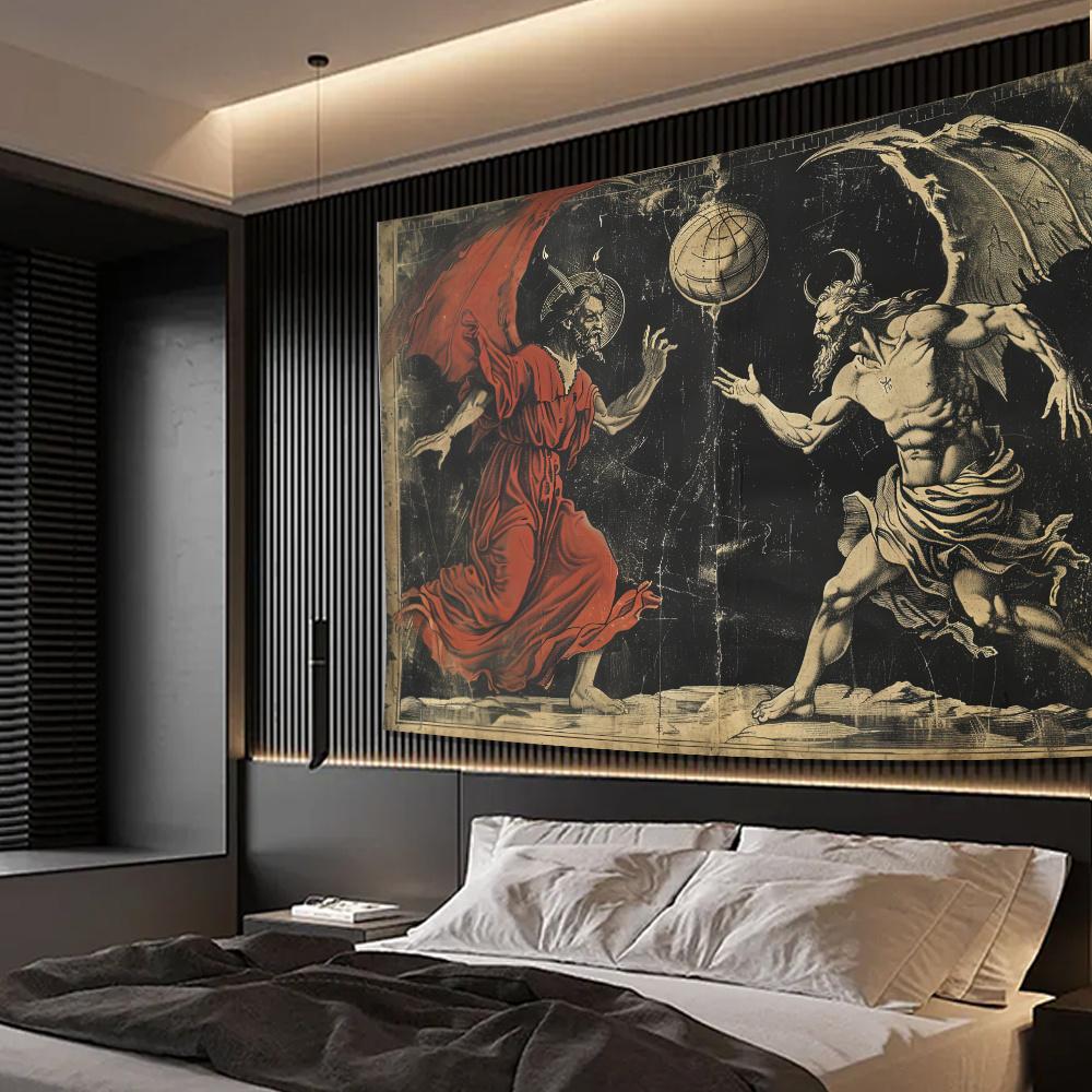 Epic Battle of Good and Evil Tapestry  Perfect for Home Décor Adding a Dramatic and Mythical Touch to Your Living Space