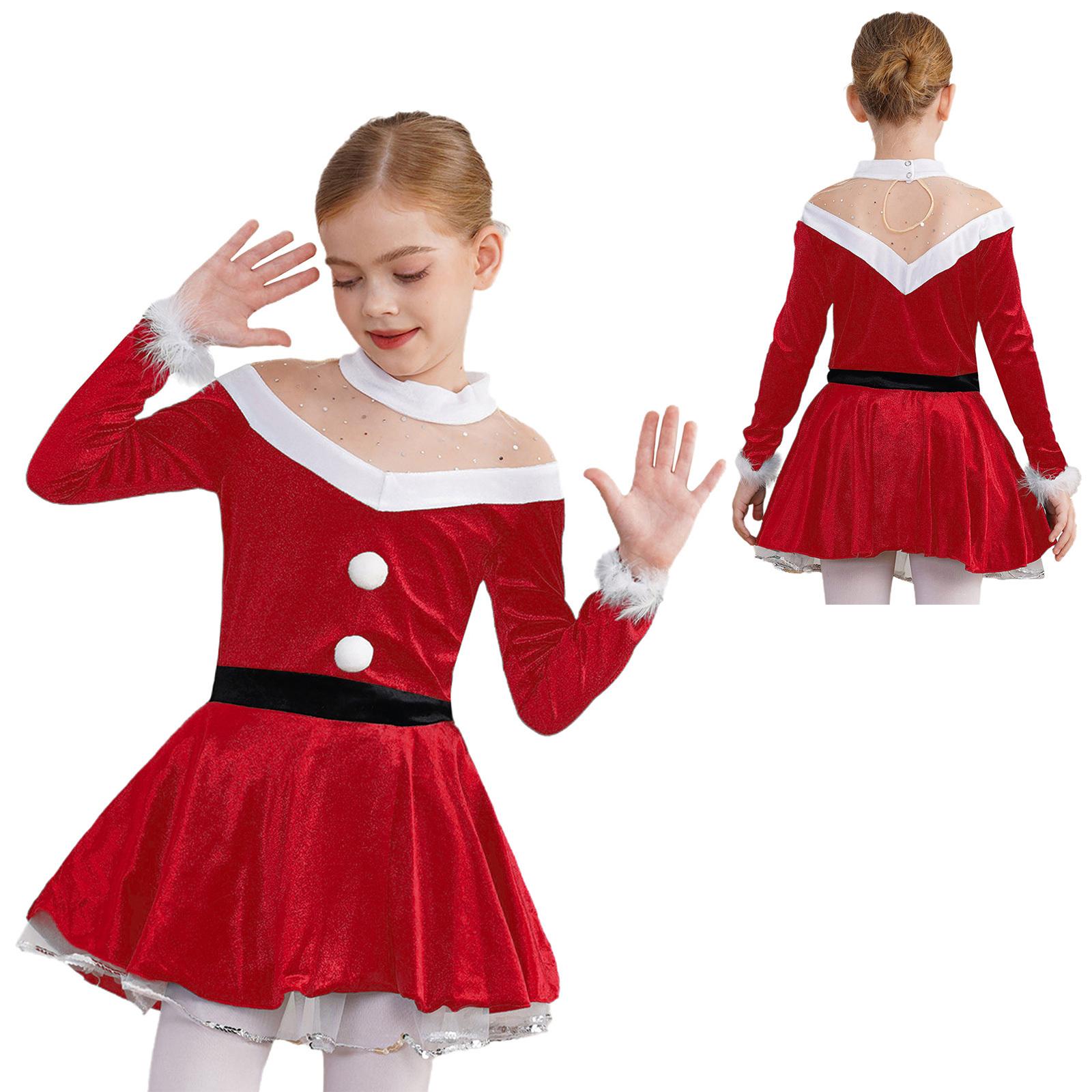 

Діти, дівчата, різдвяна сукня Санти, нарядна сукня, фігурне катання, танцювальна сукня з довгим рукавом 5-6 Years червоний