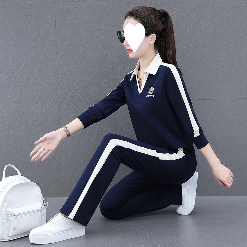 Fashionable Lapel Sweatshirt Suit for Women Spring and Autumn Thin Mommy Wear Red Casual Sportswear Two-piece Set