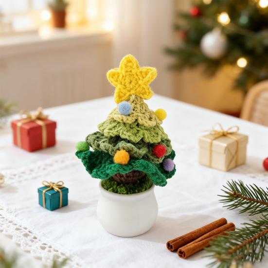 Christmas Yarn Ornament Bright Color Xmas Tree Star Shape Knitted Tree