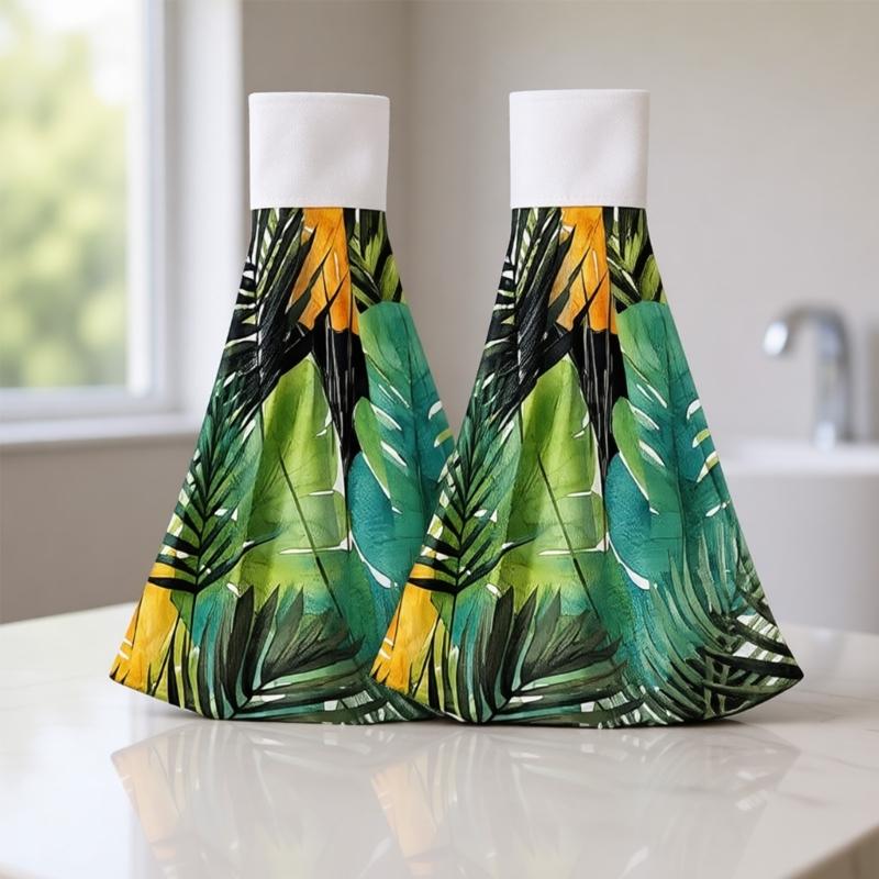 2Pcs Space Saving Hanging Hand Towels Quick Dry Absorbent Leaf Pattern Kitchen Tie Towel Dish Cloth with Hanging Loop