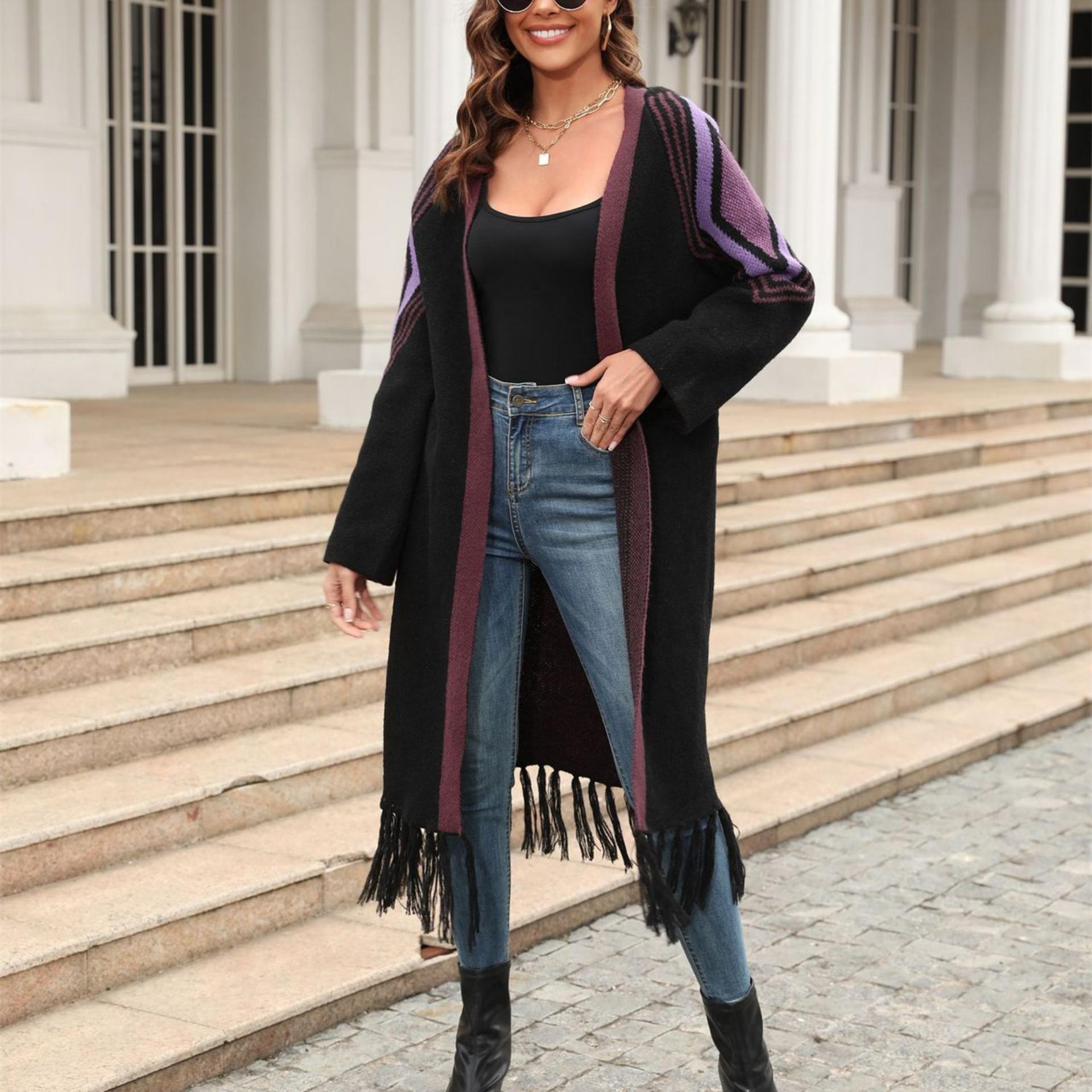 

2023 Осінньо-зимовий Жіночий Повсякденний В язаний Модний Кардиган Пальто з Довгою Бахромою XL чорний