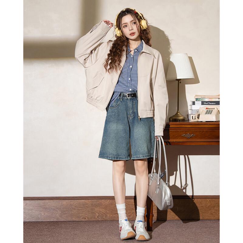 ET BOITE Damen Retro Lässige Revers Reißverschluss Jacke