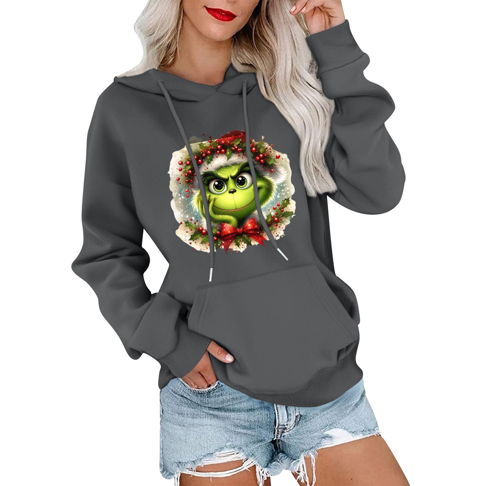 

Женский модный, расслабленный и удобный свитер с круглым вырезом и капюшоном, с длинными рукавами и рождественским принтом, теплый свитер S