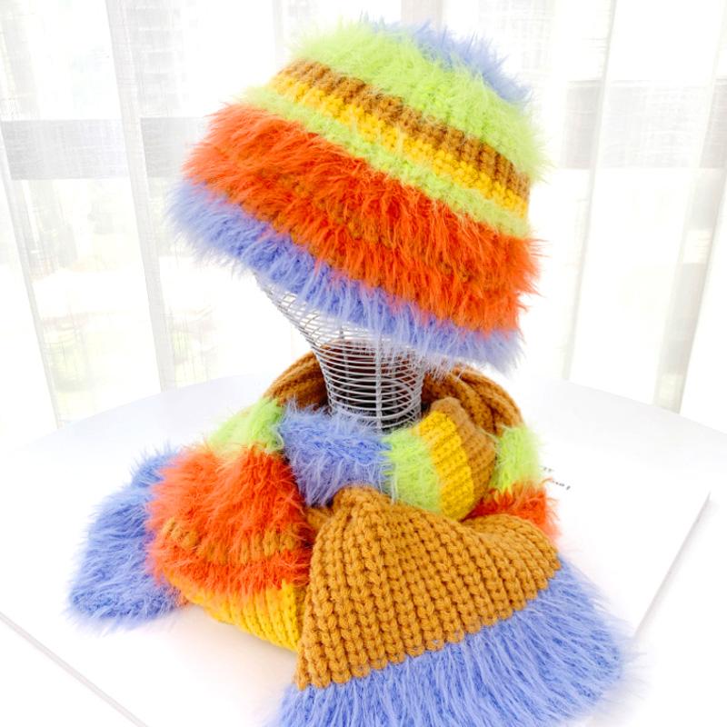 

1PC Punk Plush Imitation Mink Hair Winter Rainbow Hat Female Scarf Cute New Stripe Keep Warm