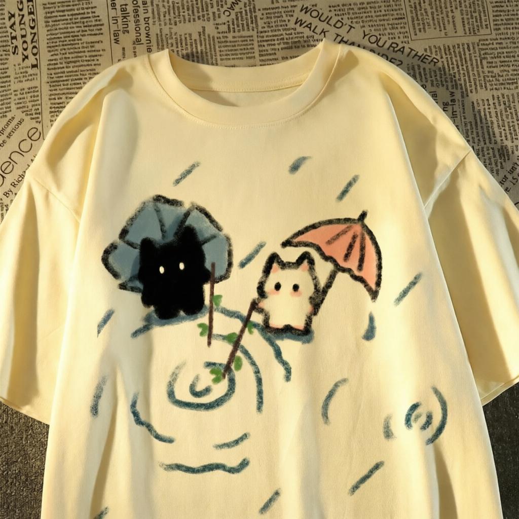 Japanese Cute Black And White Cat Shortsleeved Tshirt And W Summer Halfsleeved Top T