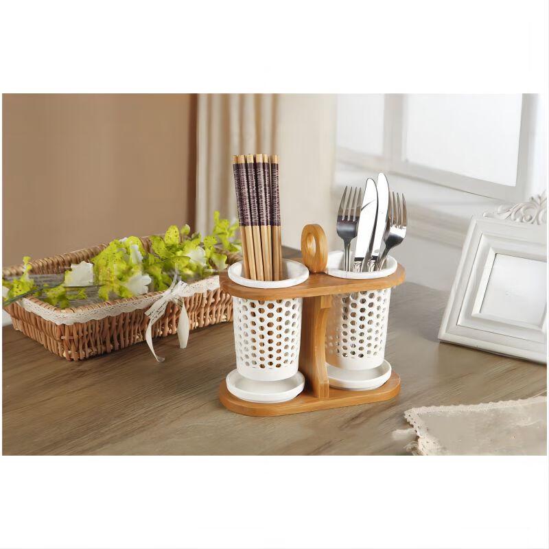 Qianxing Draining Ceramic Chopstick Holders with Bamboo Rack