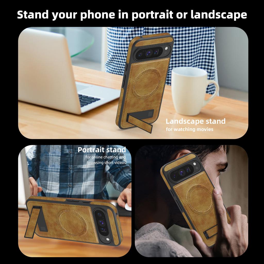 For Google Pixel 10 Pro XL Case Compatible with MagSafe Kickstand Leather Phone Back Cover