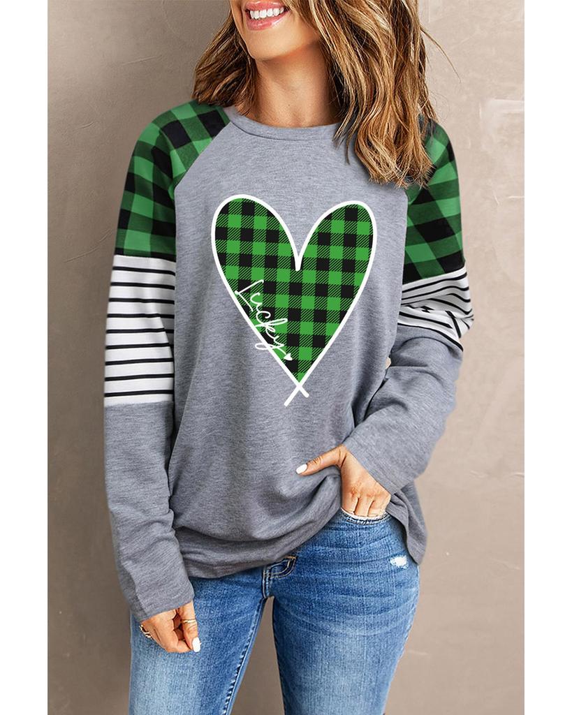 Azura Exchange Plaid Heart Color Block Long Sleeve Top