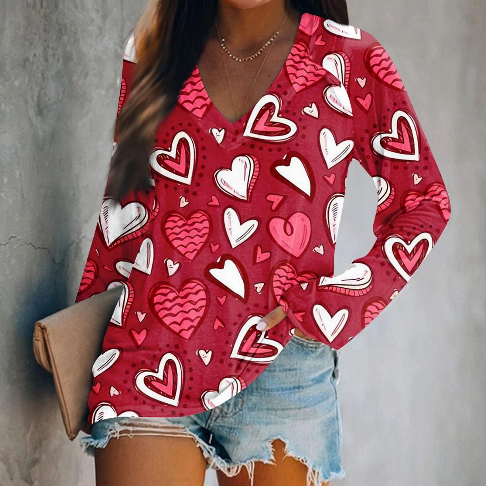 

Женская футболка с длинными рукавами и V-образным вырезом с принтом ко Дню святого Валентина. Повседневный и удобный топ L горячий розовый