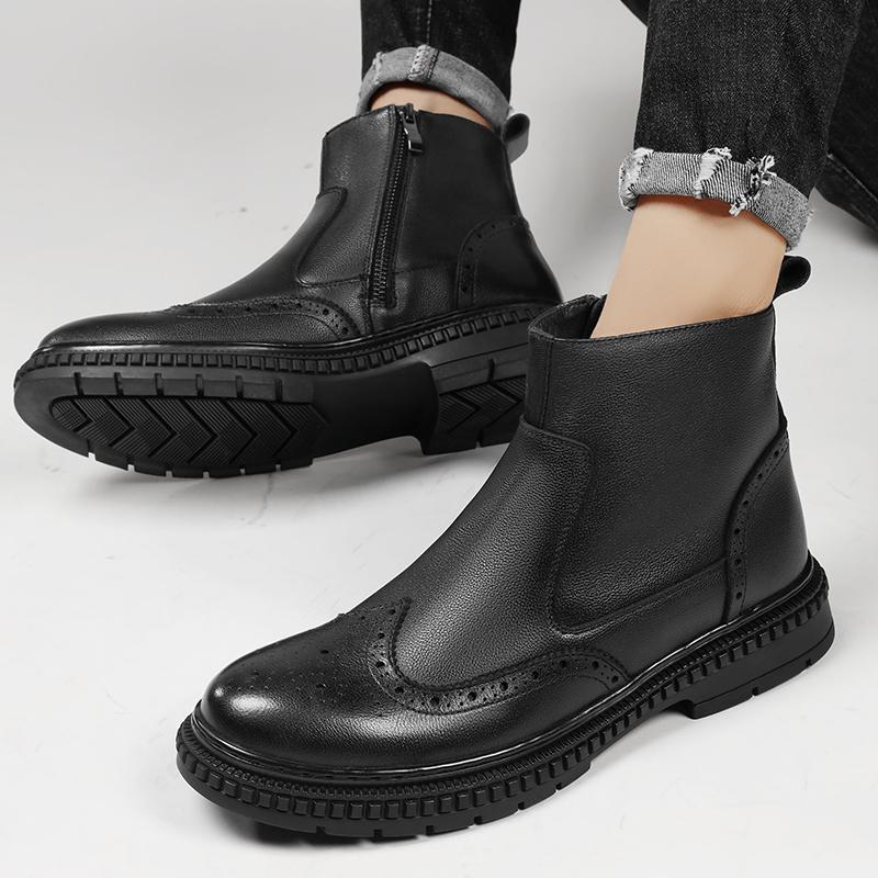 Side Zipper Men High Top Casual Shoes Luxury Chelsea Boots Genuine Leather Men's Ankle Boots High Grade Winter Plush Snow Boots