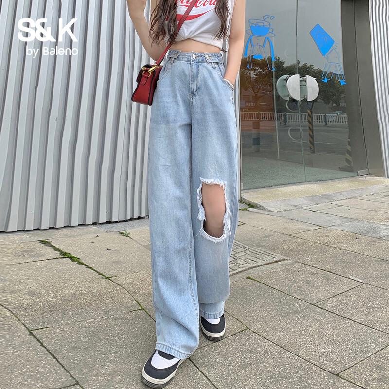 

Baleno S&K Women s High-Waist Ripped Straight-Leg Jeans L