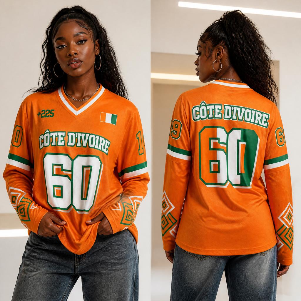 Autumn Commuter Wear, Ivory Coast Women's V-neck Long-sleeved Shirt, Flag Print, Casual Sporty Retro Hip Hop Street Style Top