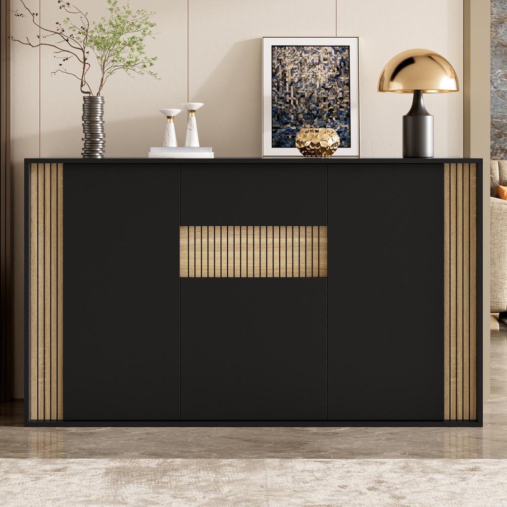Sideboard/chest of Drawers, with 3 Doors, 1 Drawer and Adjustable LED Lighting – In Black with Natural Wood Grain, 140×40×82cm