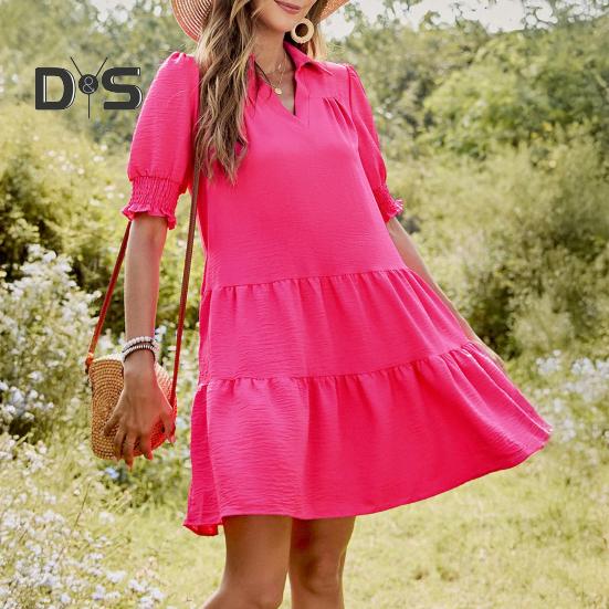 Women's Summer Swing Dress V Neck Short Sleeve Pleated Midi Dress with Lapel Collar Casual Beach Flowy A-Line Sundress