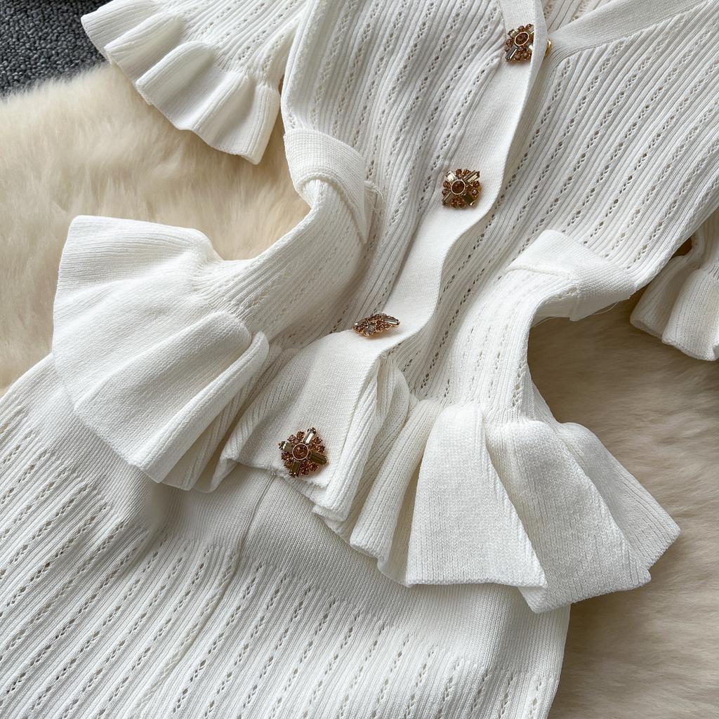 Retro Dzianinowa Falbanka Seksowna Jednorzędowa Elegancka Sukienka Wieczorowa A-line Kobiety Moda Koreańska Lato Odzież Damska