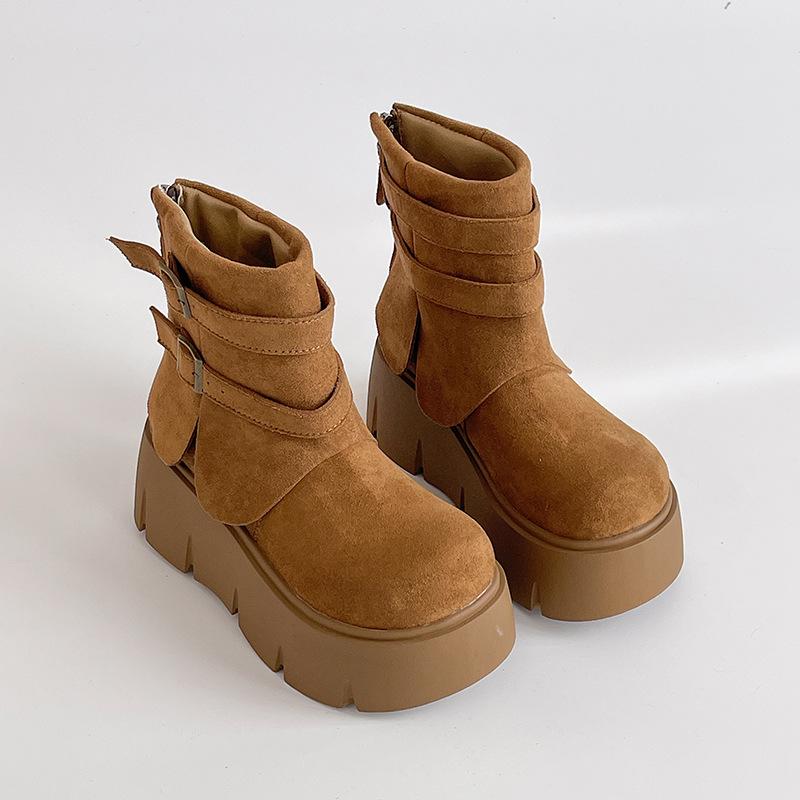 

Европейский и американский ретро стиль пряжка ремня платформа короткие ботинки женские 2025 осень и зима новая платформа модный тренд модные ботинки 40 коричневый